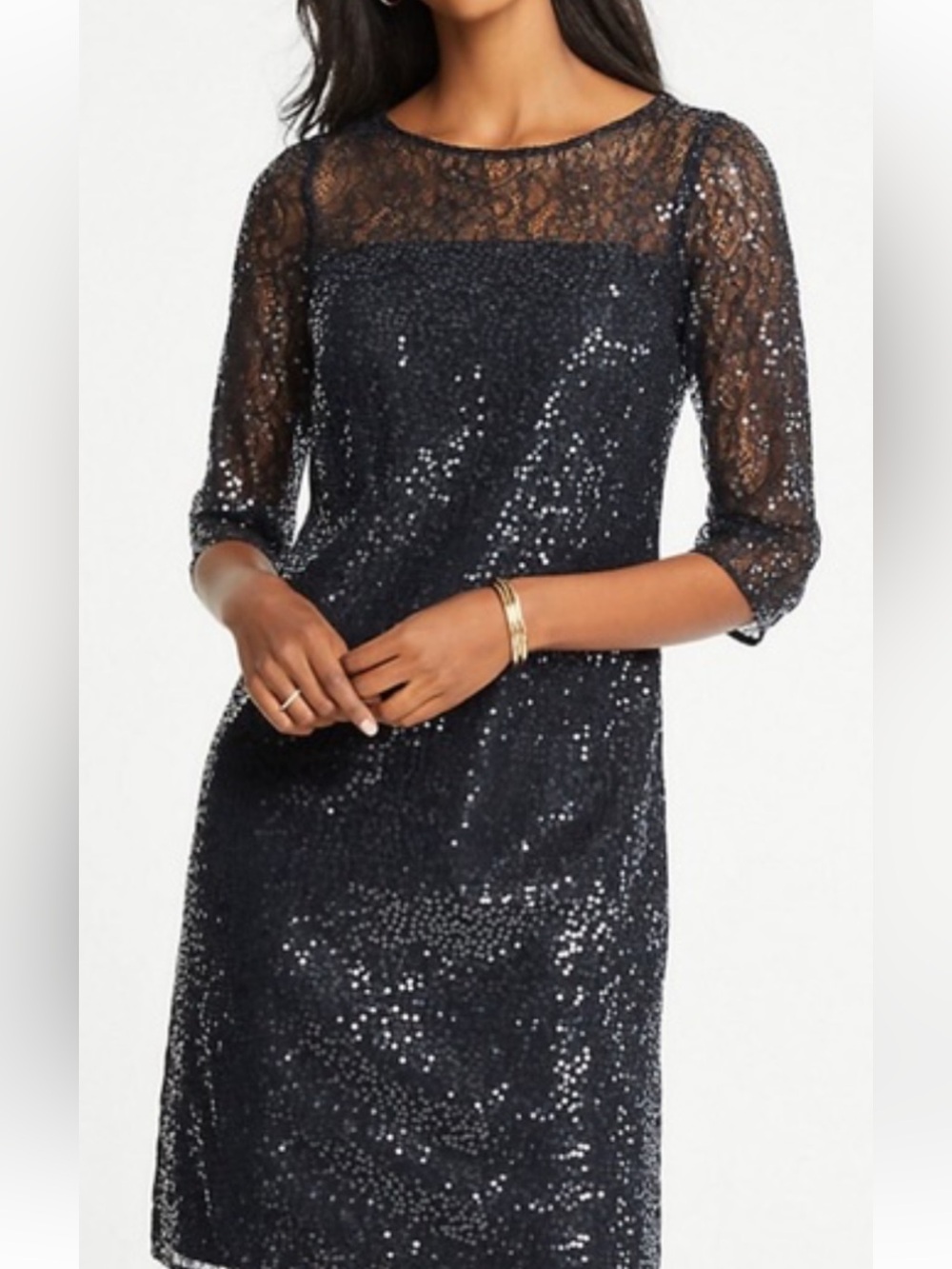 Ann Taylor Black Lace-Yoke Sequin Shift Dress